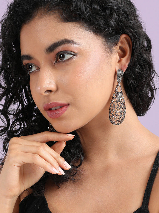 Gold-Plated Stone-Studded Teardrop Shaped Drop Earrings