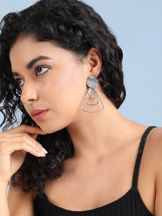 Silver-Plated Stone-Studded Triangle Drop Earrings
