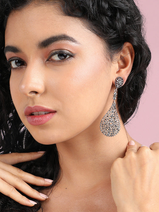 Silver-Plated Stone-Studded Contemporary Drop Earrings