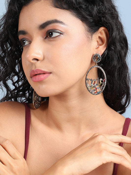 Gold-Plated Crystal-Studded Contemporary Drop Earrings