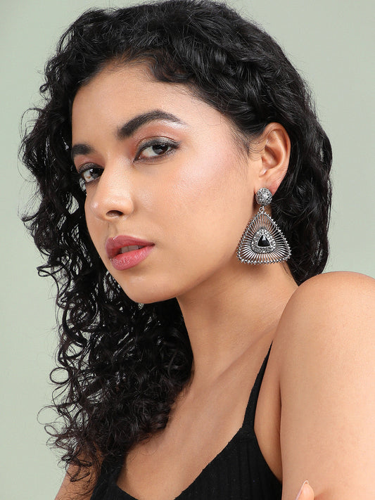 Silver-Plated Oxidised Contemporary Drop Earrings