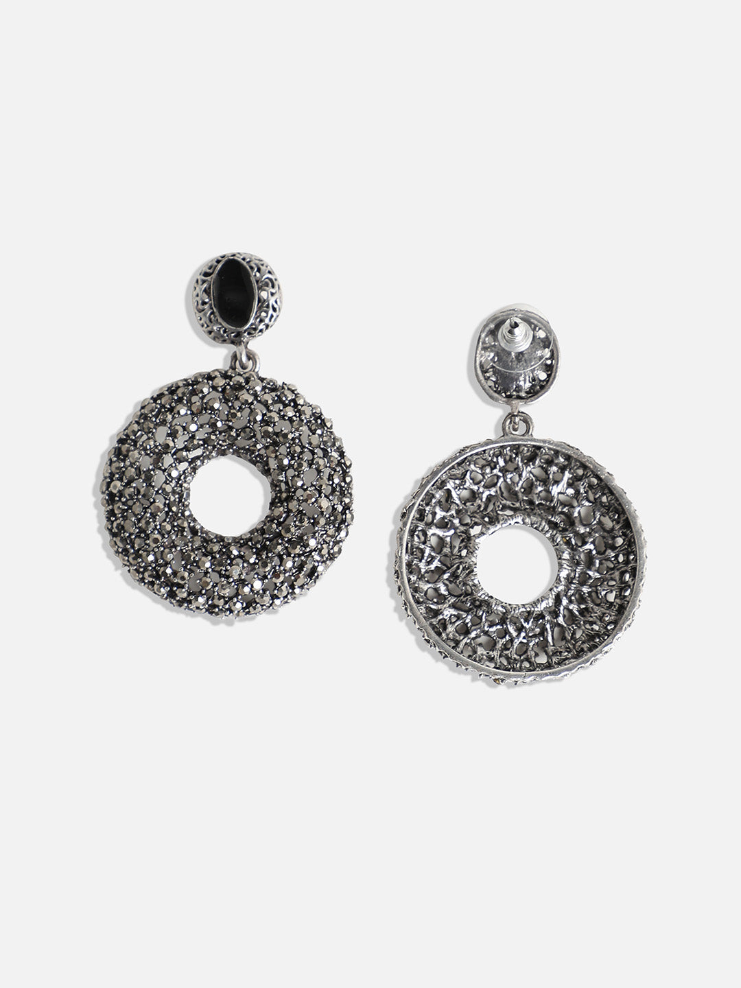 Silver-Plated Circular Stone Studded Drop Earrings