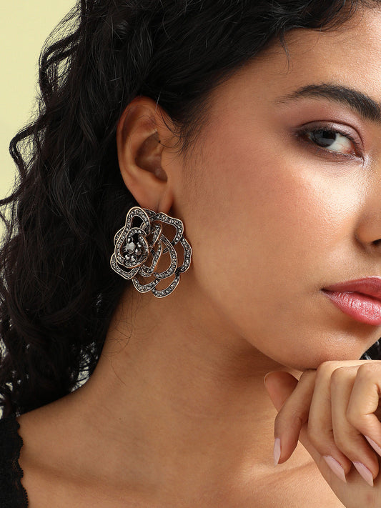 Gold-Plated Stone-Studded Floral-Shaped Studs Earrings