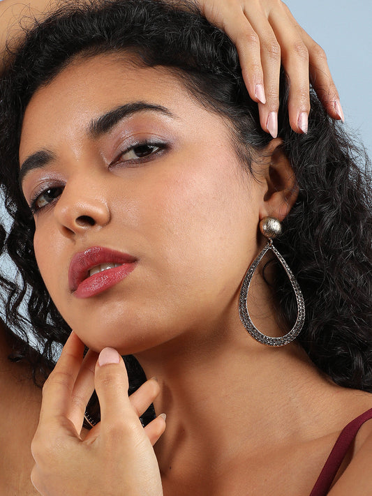 Gold-Plated Stone-Studded Teardrop-Shaped Drop Earrings