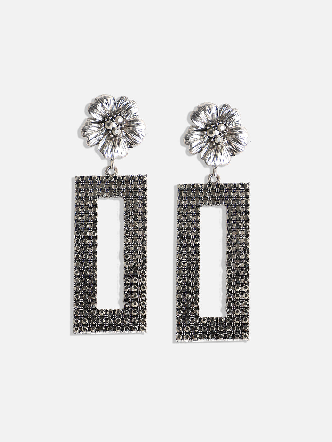 Silver-Plated Stone-Studded Floral Shaped Drop Earrings
