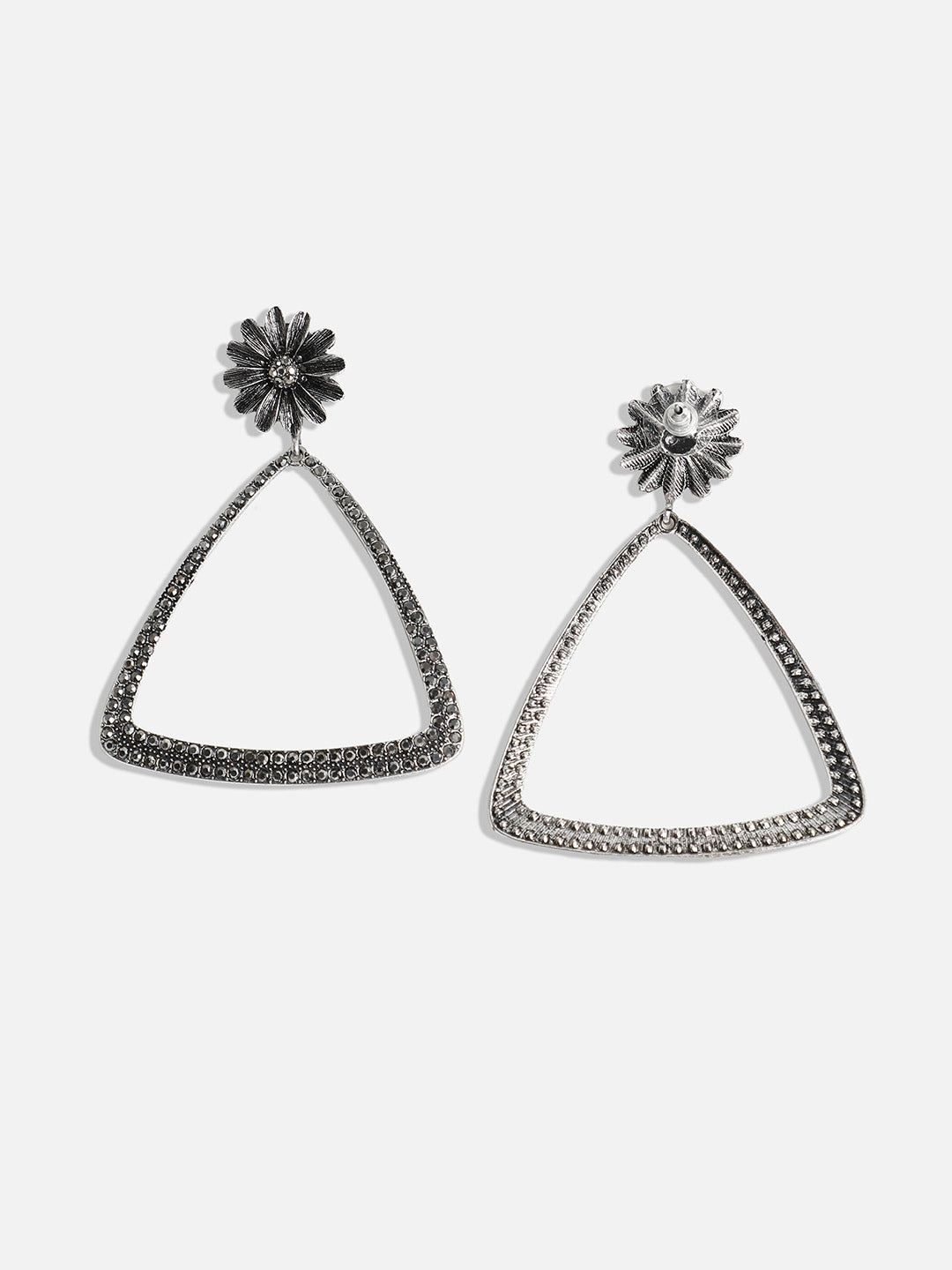 Silver-Plated Stone-Studded Triangle Drop Earrings