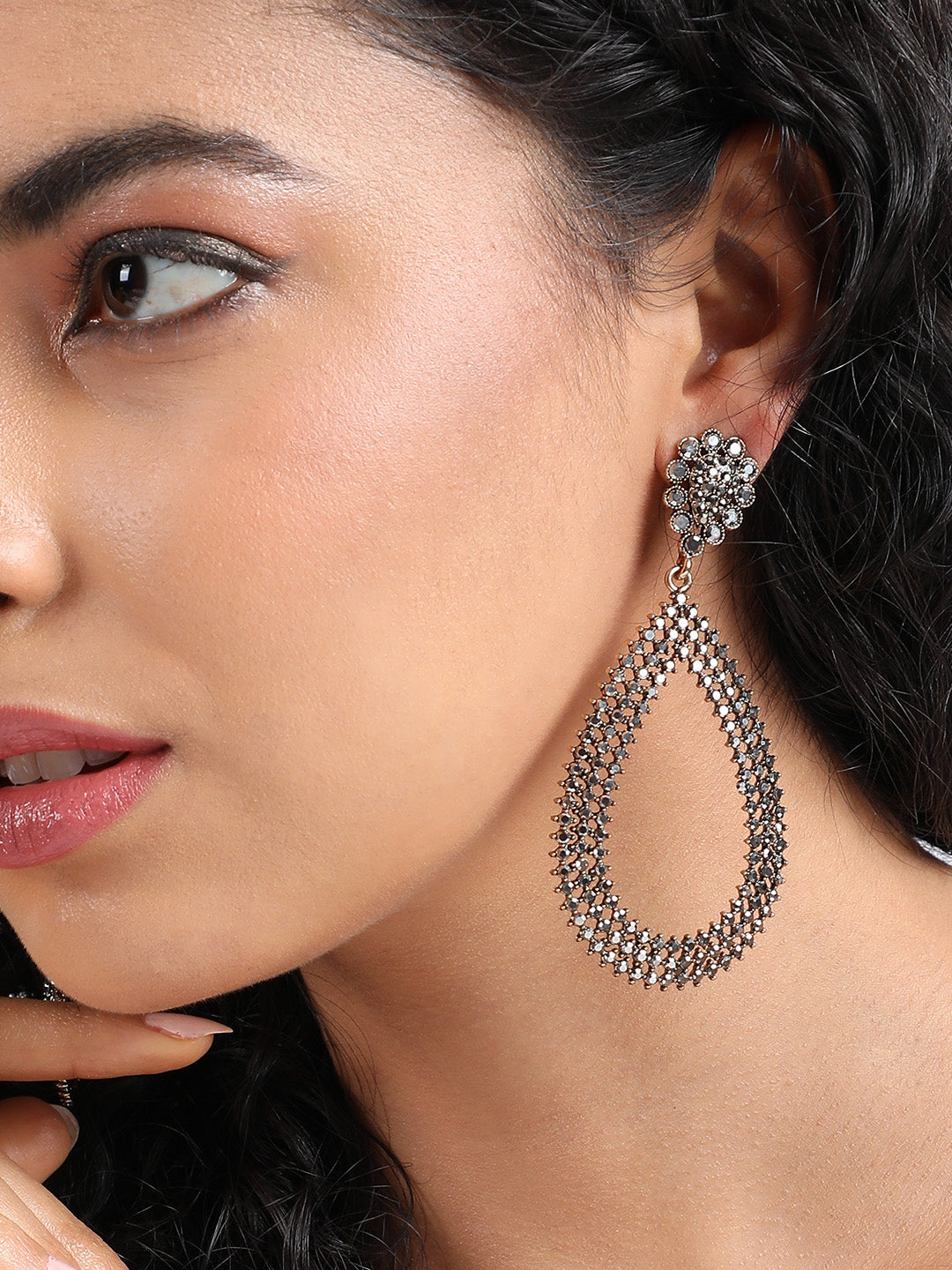 Silver-Plated Teardrop Shaped Drop Earrings