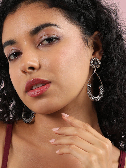 Gold-Plated Crystal Studded Floral Teardrop Shaped Drop Earrings