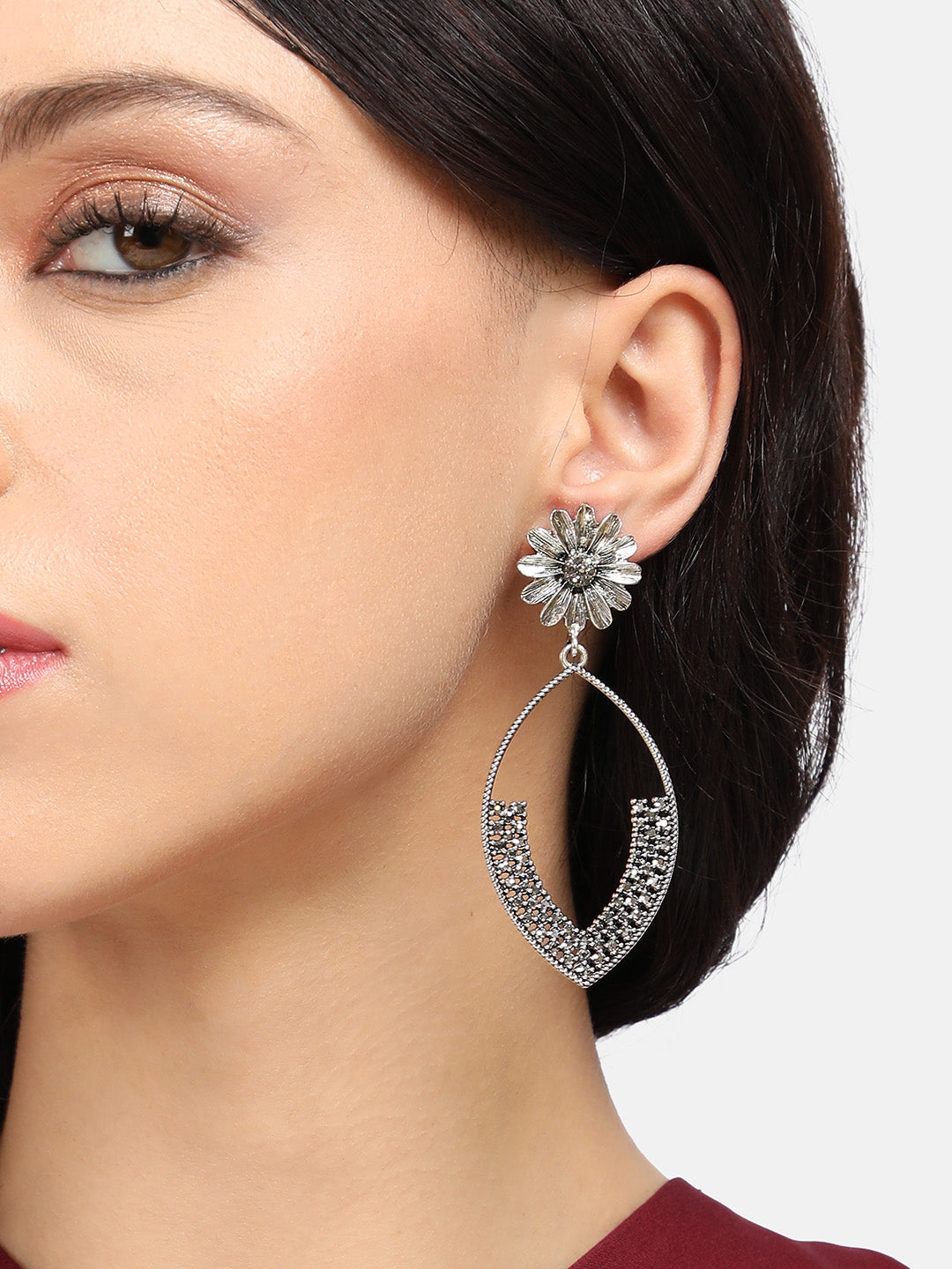 Silver Plated Stone Studded Drop Earrings
