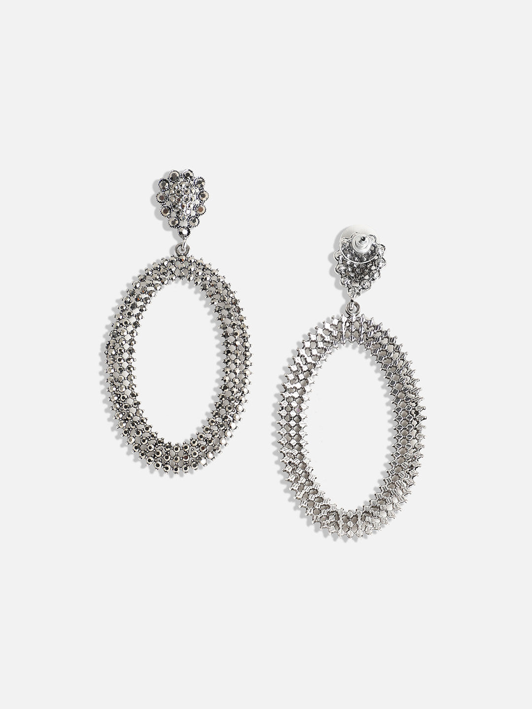 Silver-Plated Stone Studded Oval Drop Earrings