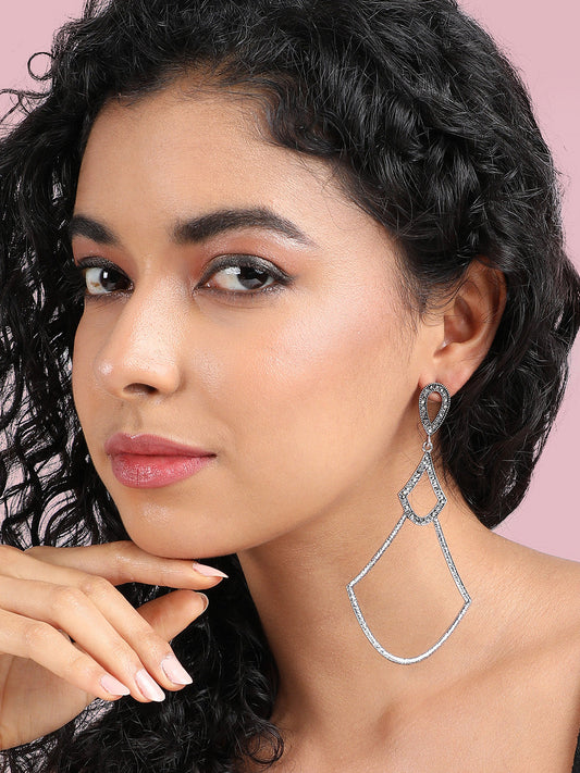 Silver-Plated Stone-Studded Contemporary Drop Earrings