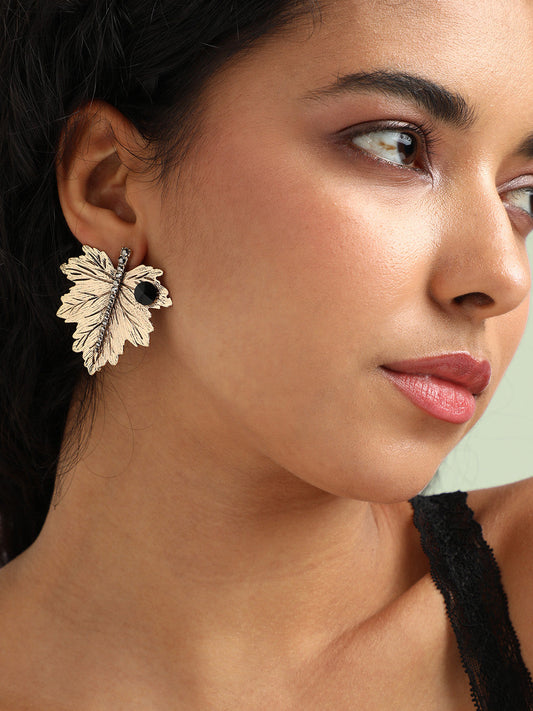 Gold-Plated Stone Studded Leaf Shaped Stud Earrings