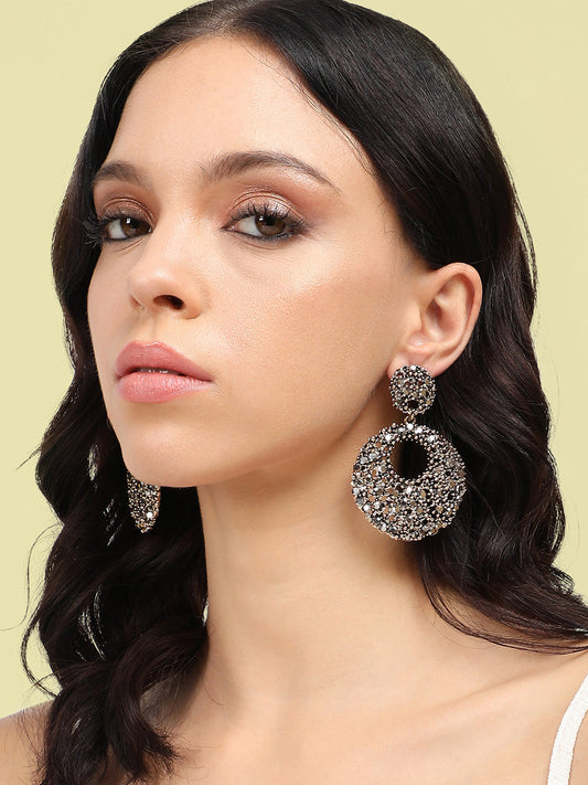 Gold-Plated Stone-Studded Circular Drop Earrings