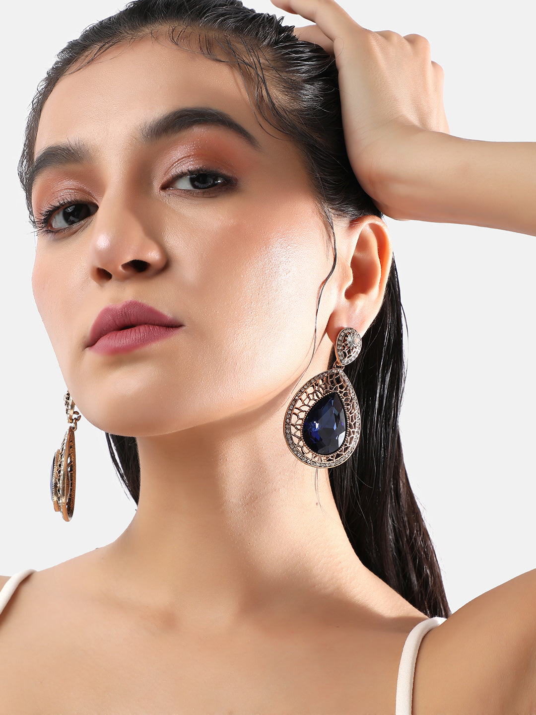 Gold-Plated Artificial Stones Studded Teardrop Shaped Earrings