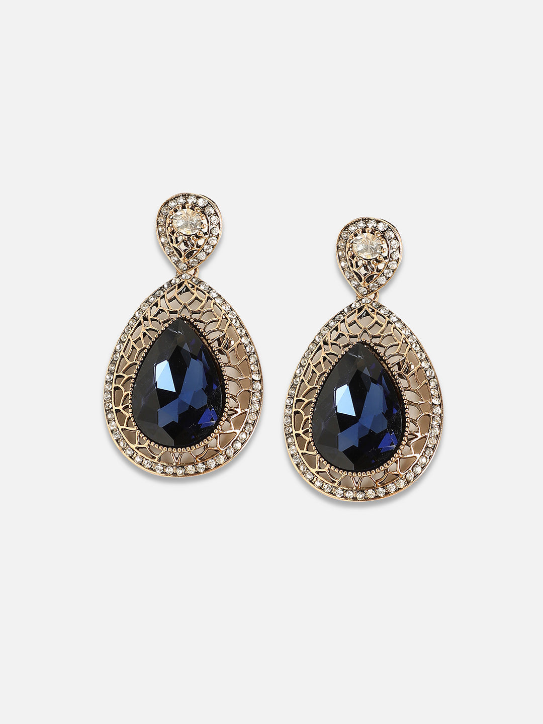 Gold-Plated Artificial Stones Studded Teardrop Shaped Earrings