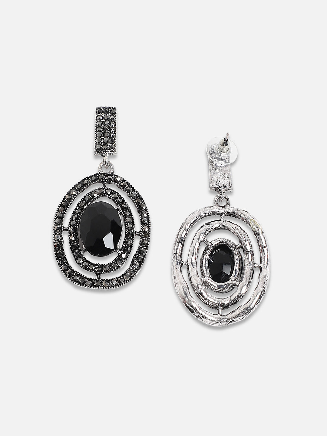 Silver-Plated Stones Studded Lined Oval Drop Earrings