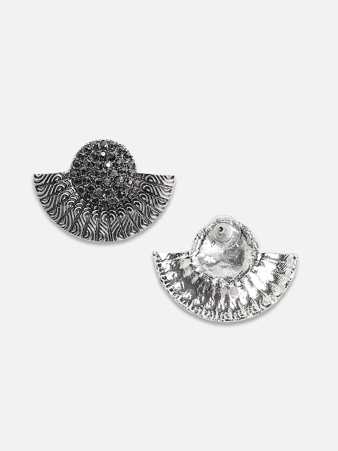 Silver-Plated Stones Studded Crescent Shaped Oxidised Studs Earrings