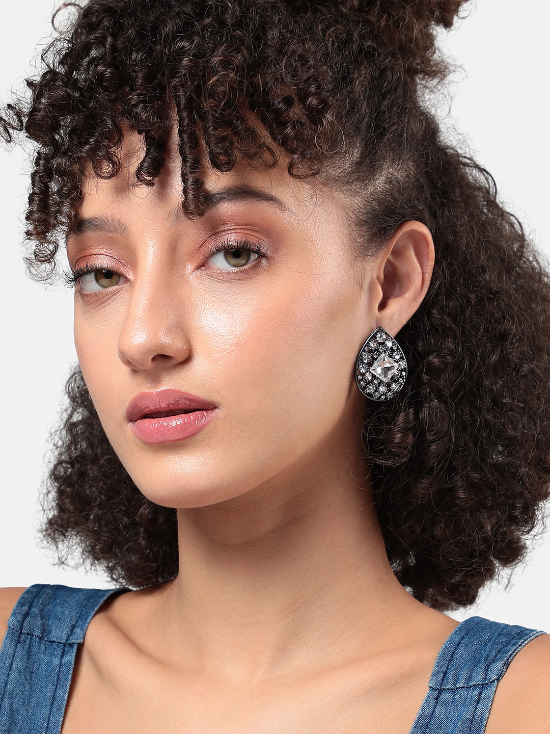 Silver-Plated Artificial Stones-Studded Studs Earrings