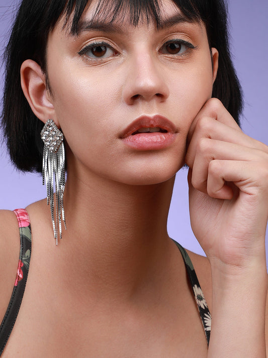 Silver-Plated Artificial Stones Square Drop Earrings