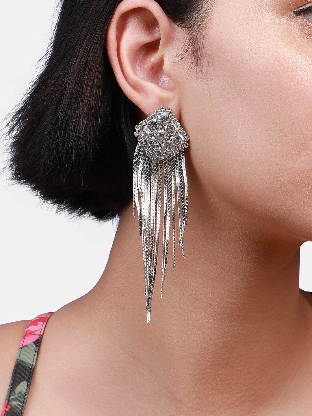 Silver-Plated Artificial Stones Square Drop Earrings