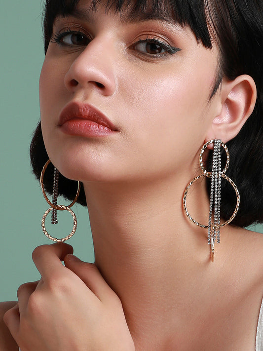 Gold-Plated Stone Studded Contemporary Bling Halo Drop Earrings