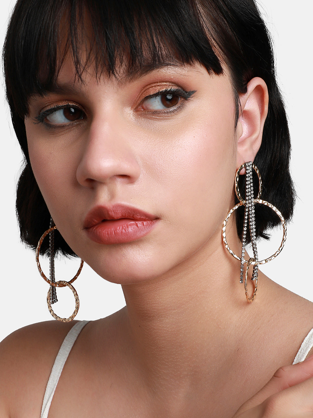 Gold-Plated Stone Studded Contemporary Bling Halo Drop Earrings