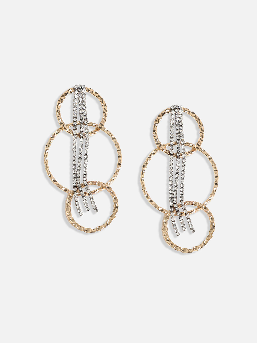 Gold-Plated Stone Studded Contemporary Bling Halo Drop Earrings