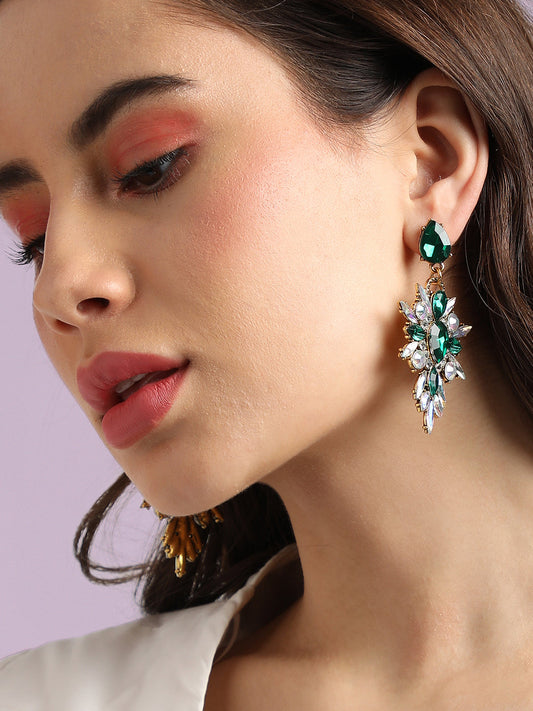 Gold-Plated Crystal Studded Contemporary Drop Earrings