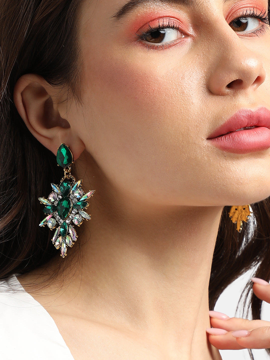 Gold-Plated Crystal Studded Contemporary Drop Earrings