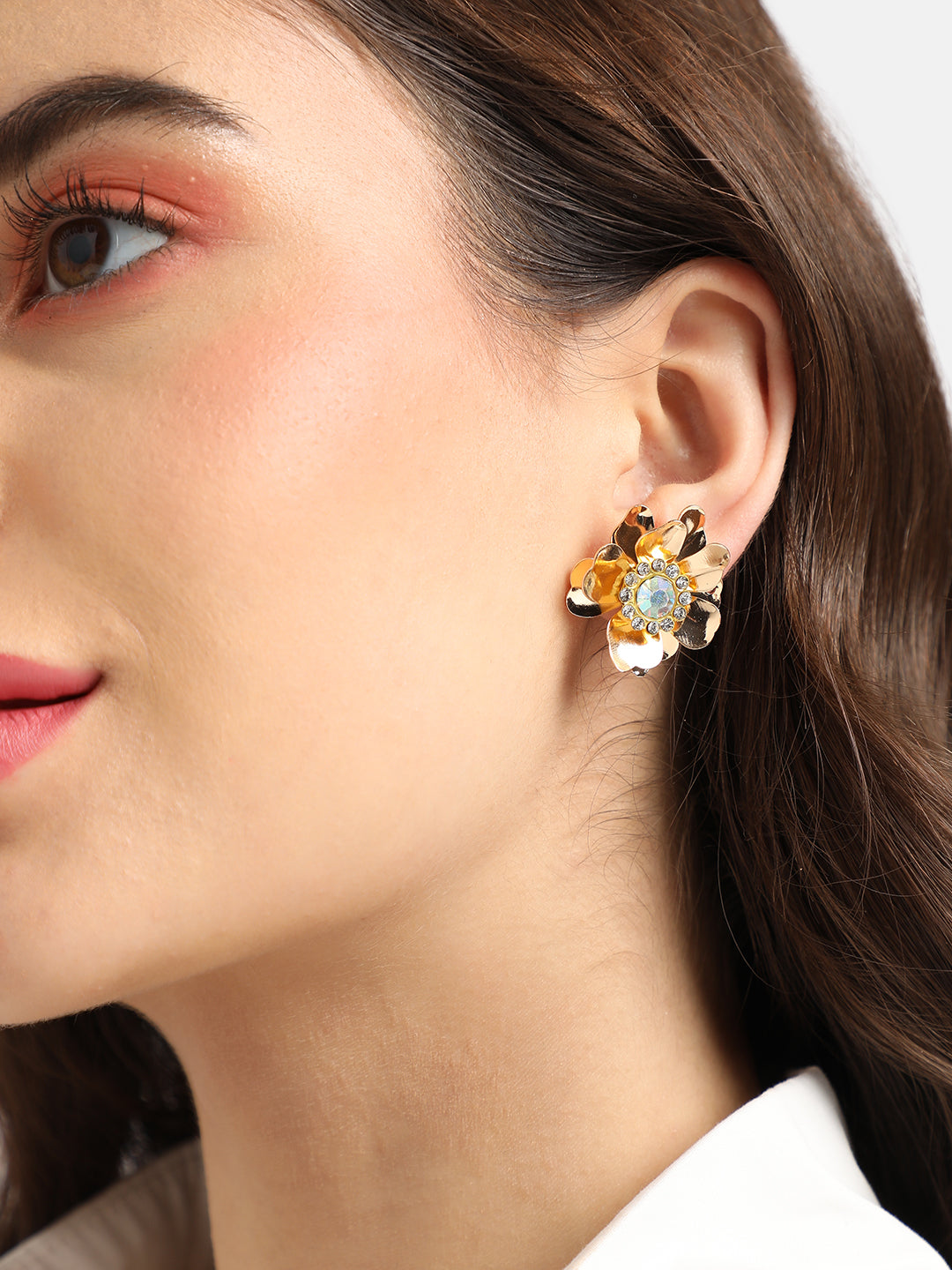 Gold-Plated Crystal-Studded Flower Stud Earrings