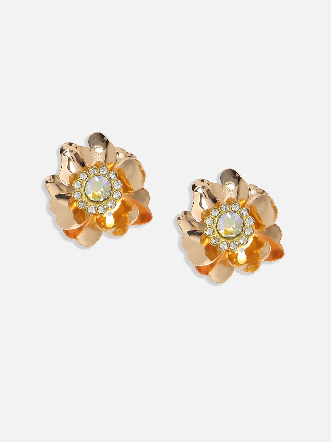 Gold-Plated Crystal-Studded Flower Stud Earrings