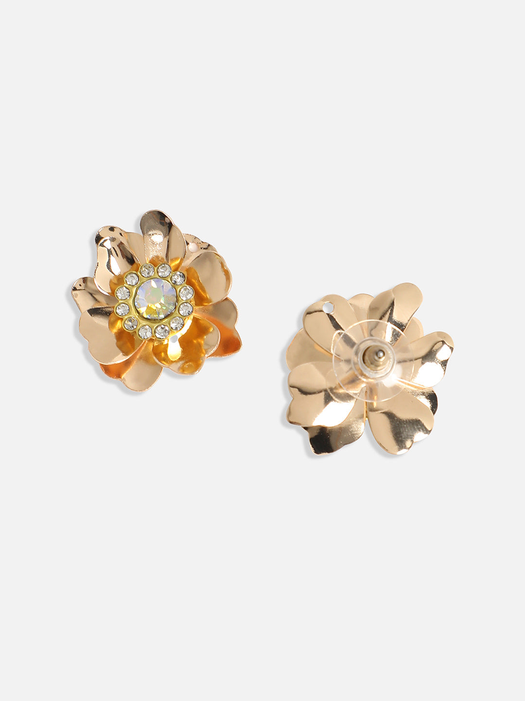 Gold-Plated Crystal-Studded Flower Stud Earrings