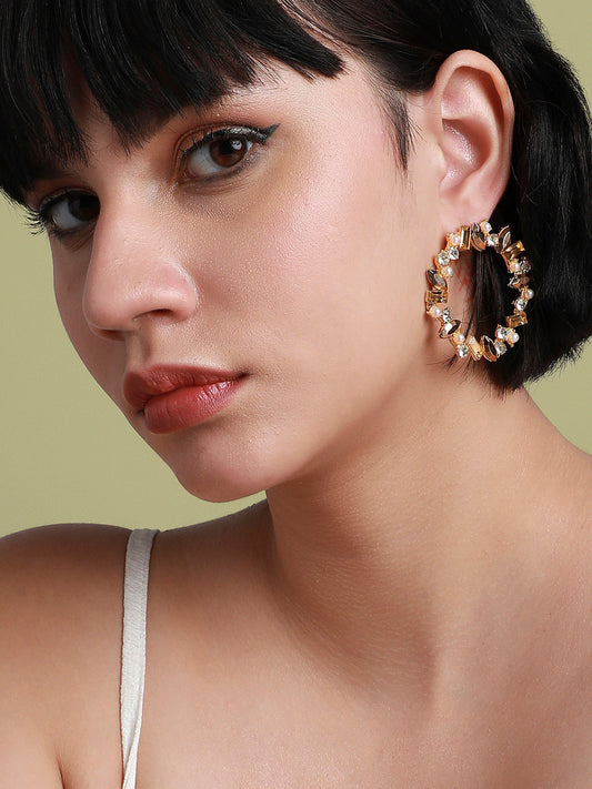 Gold Plated Crystal Studded Circular Drop Earrings
