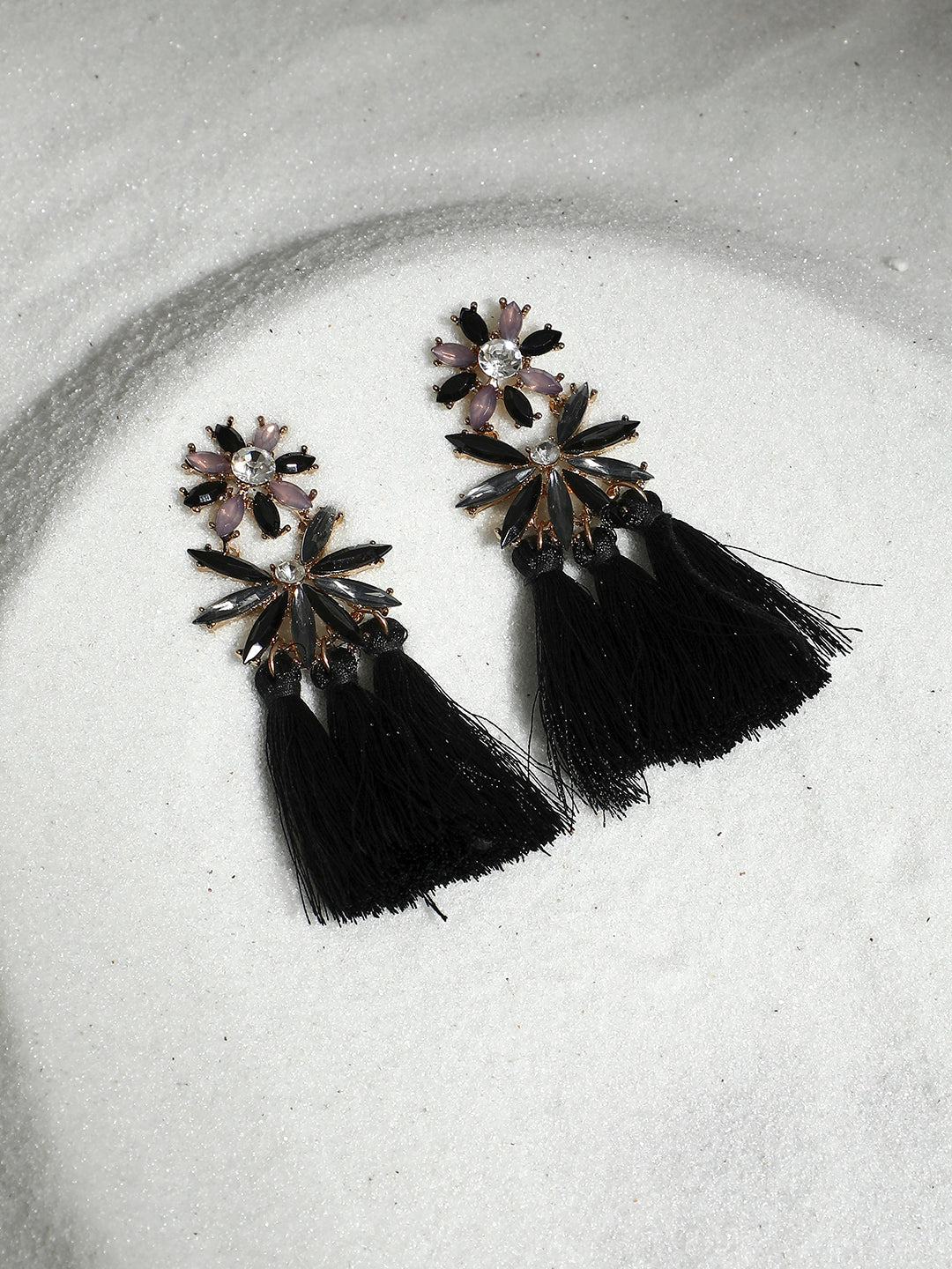 Gold-Plated Tasseled Crystal-Studded Contemporary Drop Earrings