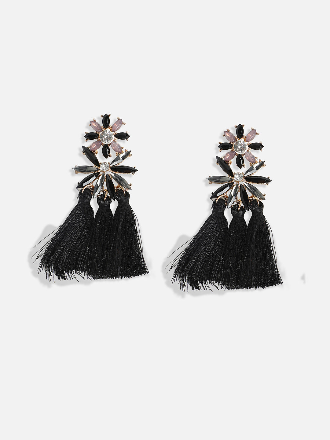 Gold-Plated Tasseled Crystal-Studded Contemporary Drop Earrings
