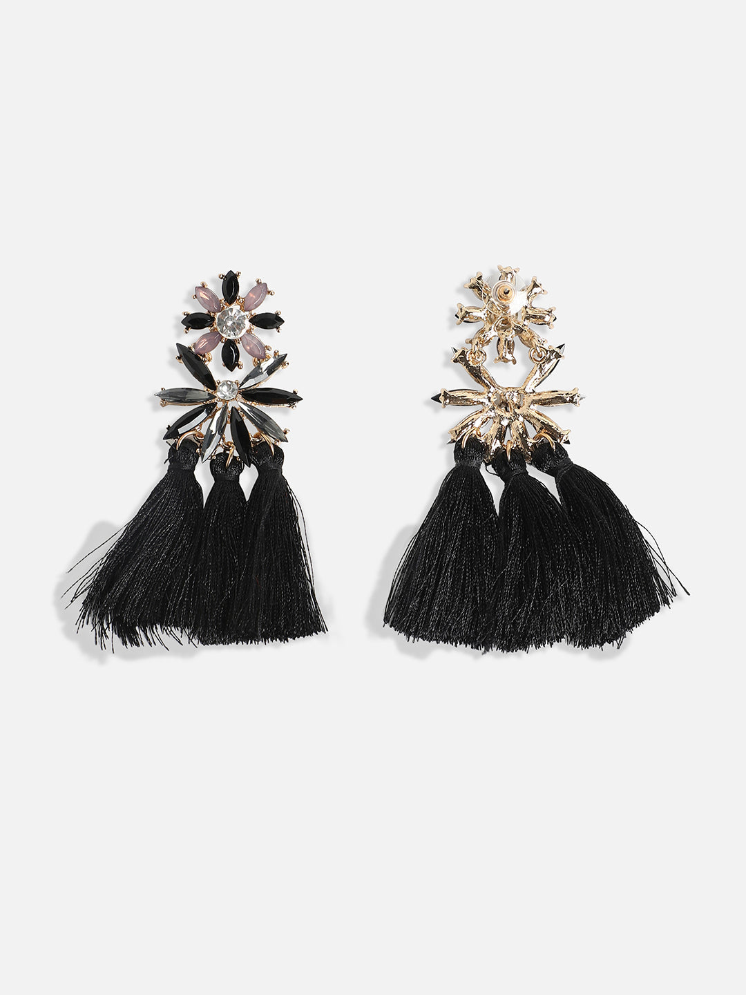 Gold-Plated Tasseled Crystal-Studded Contemporary Drop Earrings