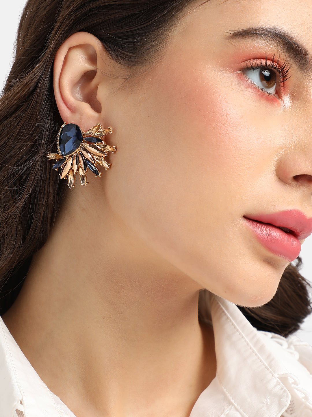 Gold-Plated Crystal-Studded Contemporary Stud Earrings