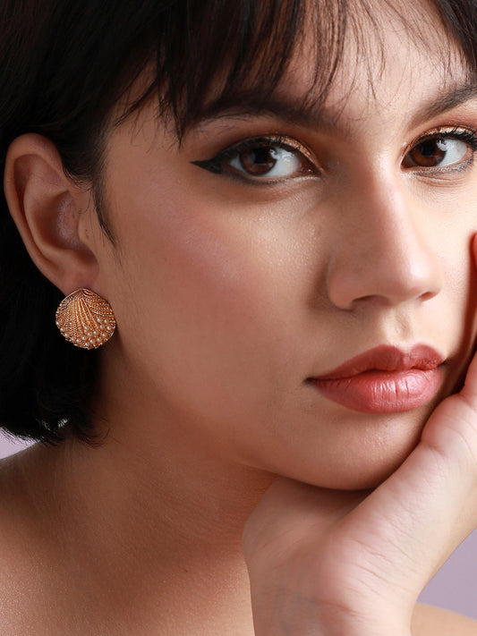 Gold-Plated Seashell Shaped Beaded Studs Earrings