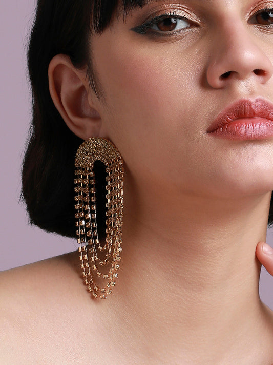 Gold-Plated Stone-Studded Contemporary Drop Earrings