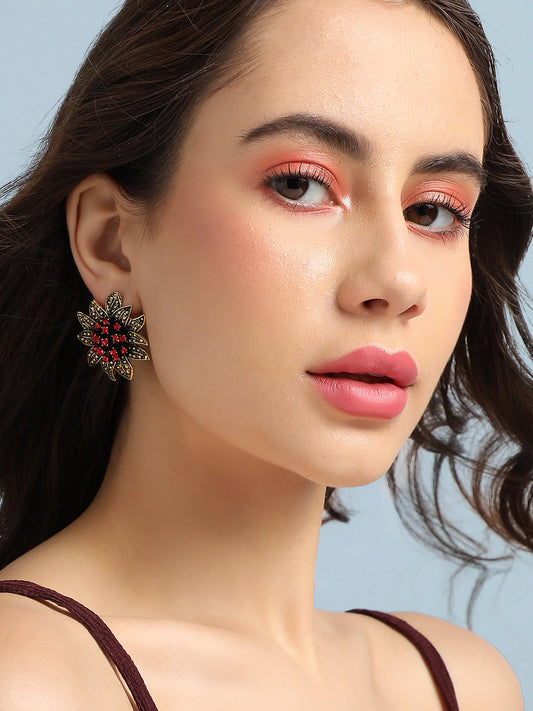 Gold-Plated Crystal Studded Floral Stud Earrings