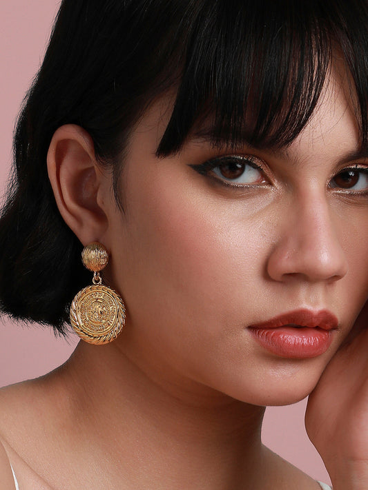 Gold-Plated Textured Contemporary Drop Earrings
