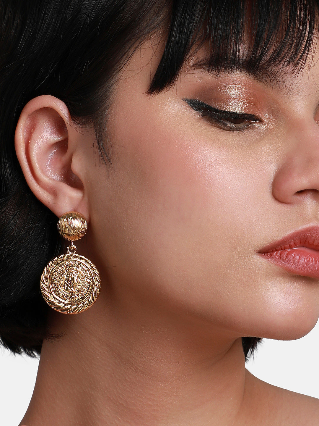 Gold-Plated Textured Contemporary Drop Earrings