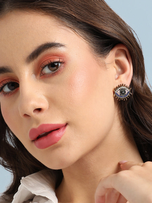 Gold-Plated Beaded Contemporary Evil Eye Stud Earrings