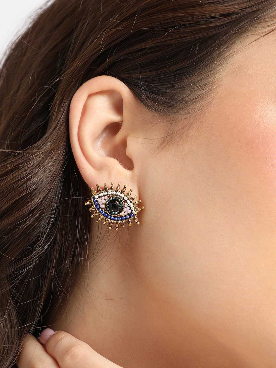Gold-Plated Beaded Contemporary Evil Eye Stud Earrings