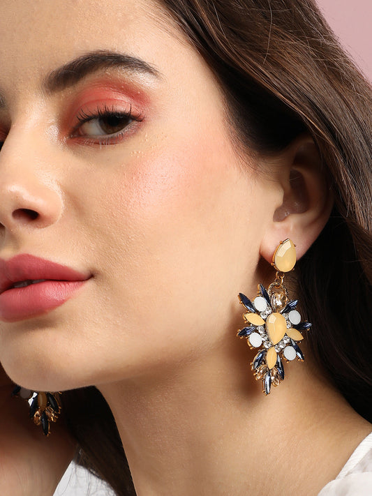 Gold-Plated Crystal Studded Floral Drop Earrings