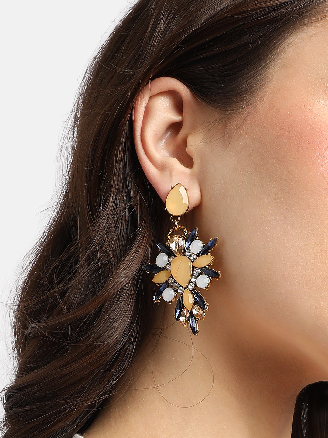 Gold-Plated Crystal Studded Floral Drop Earrings