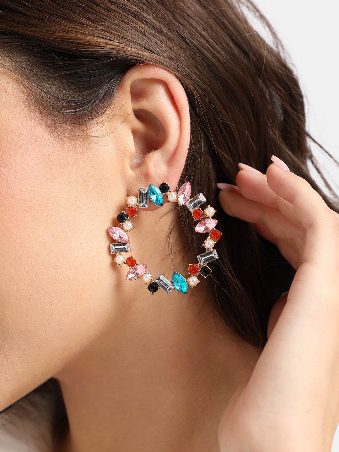 Gold-Plated Crystal Studded Circular Hoop Earrings
