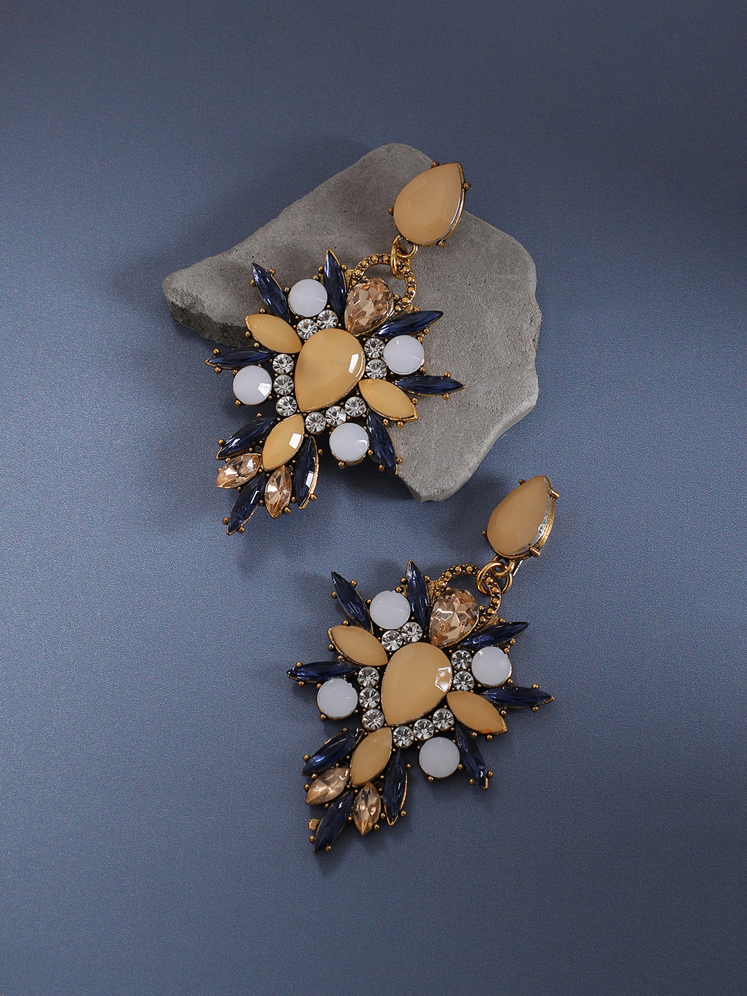 Gold-Plated Crystal Studded Floral Drop Earrings