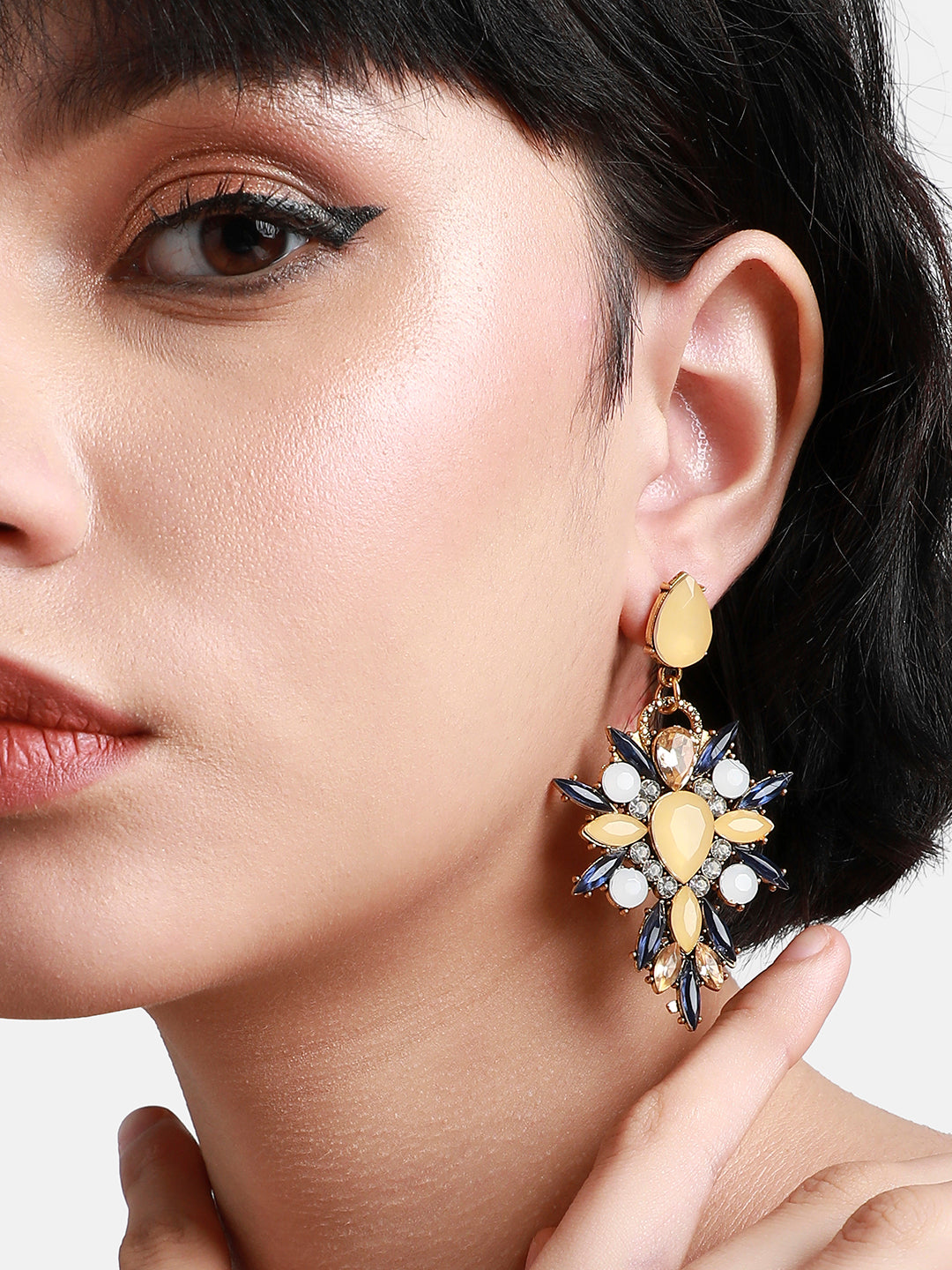 Gold-Plated Crystal Studded Floral Drop Earrings