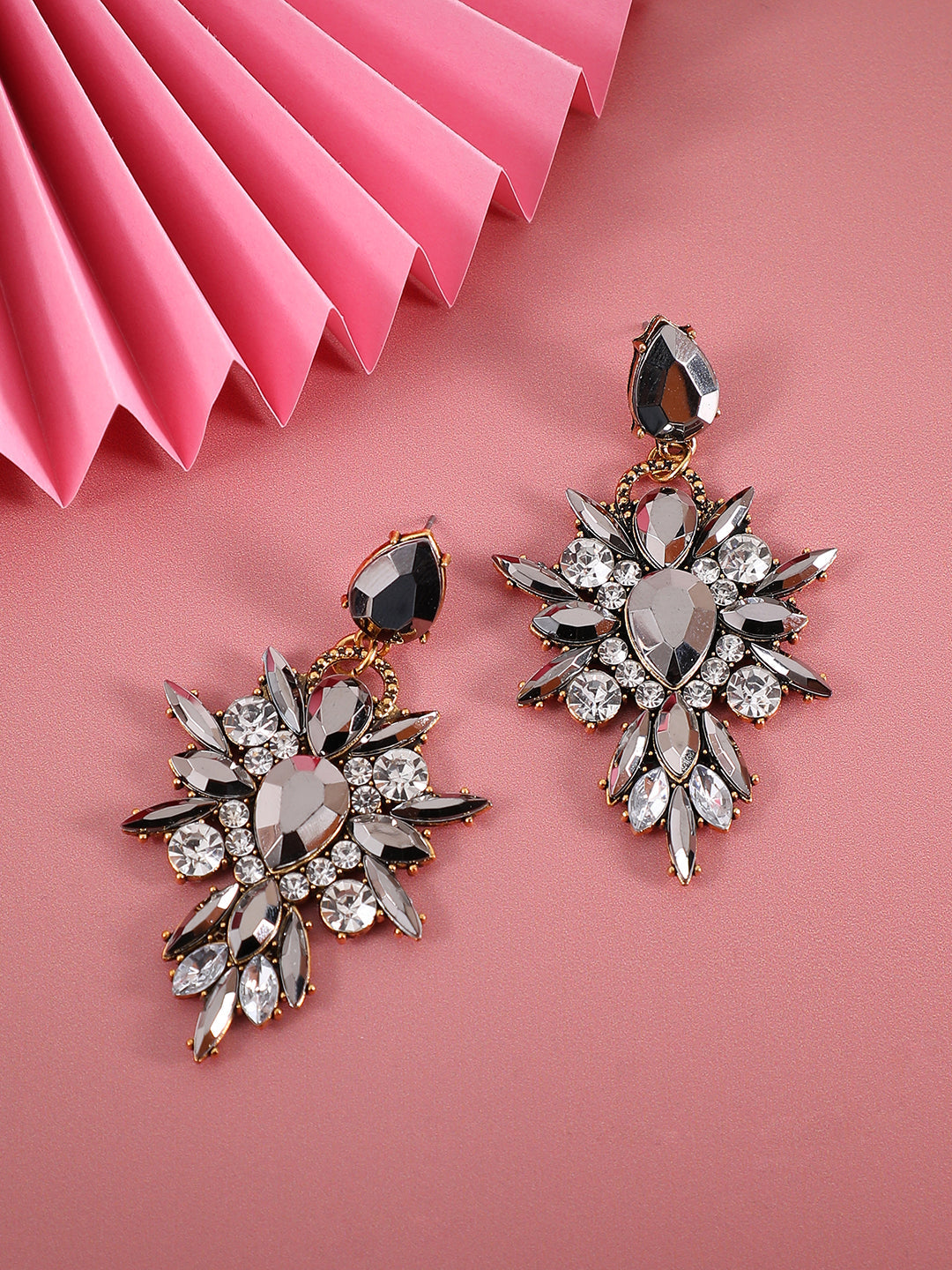 Gold-Plated Crystal-Studded Contemporary Drop Earrings
